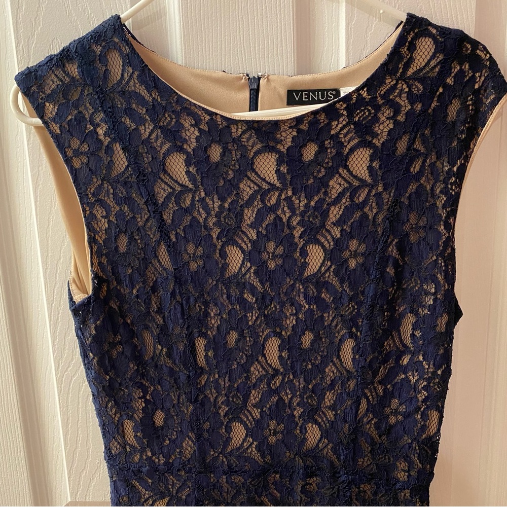 Venus, size 10, cocktail dress in Navy blue lace on a nude/tan shell.